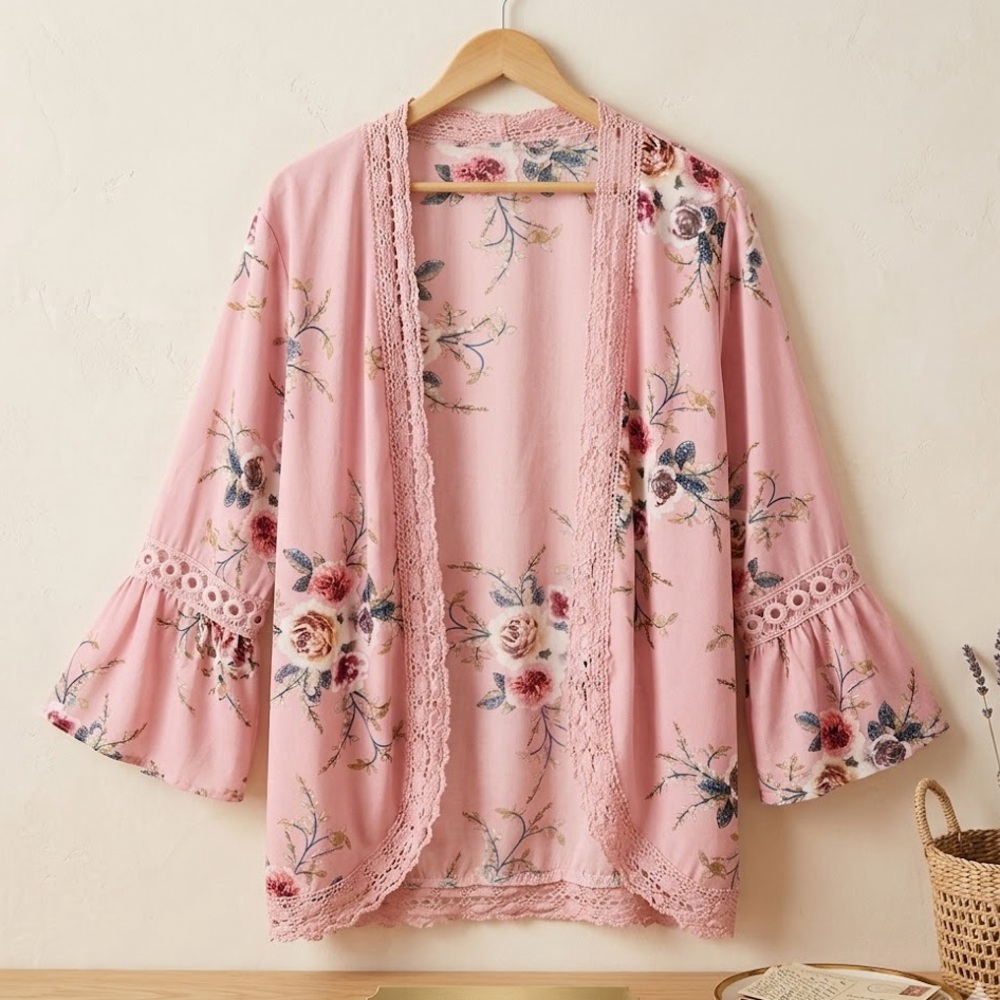Floral Pink Kimono Cardigan Bell Sleeve XL